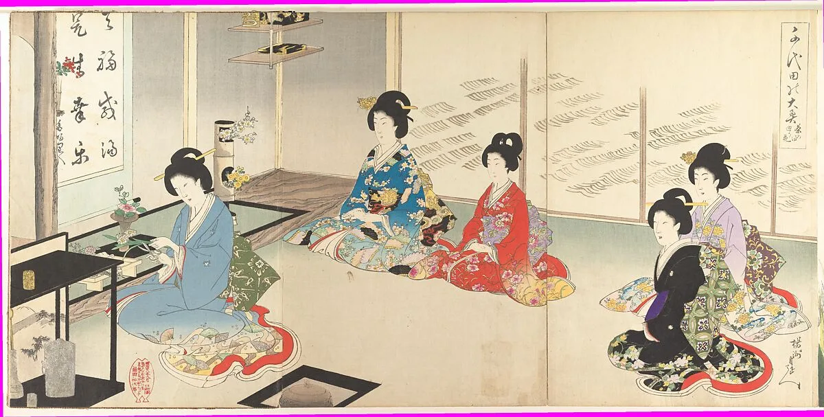 千代田の大奥 茶の湯辺り花|Chiyoda Inner Palace: No.20 Flower Arranging in Turn (Chiyoda no Ōoku: Chanoyu mawaribana) — Hashimoto Chikanobu