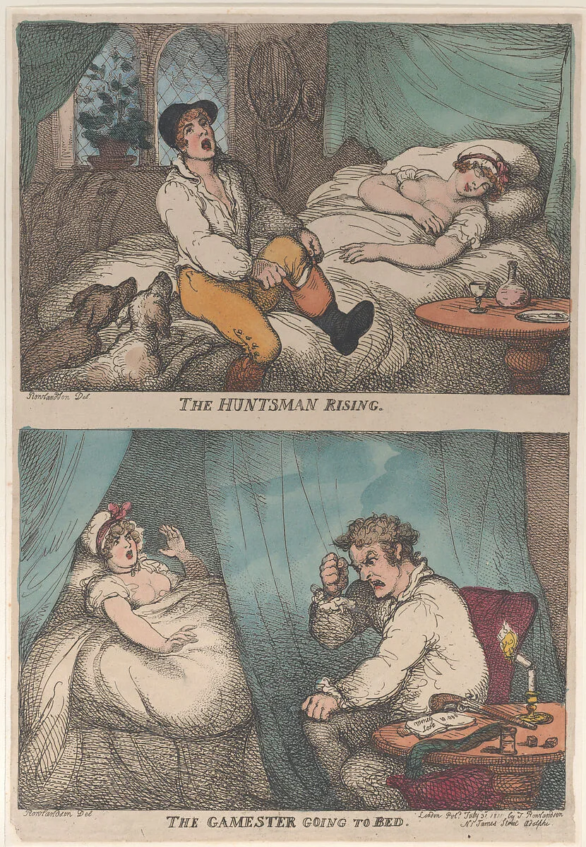 The Huntsman Rising; The Gamester Going to Bed — Thomas Rowlandson