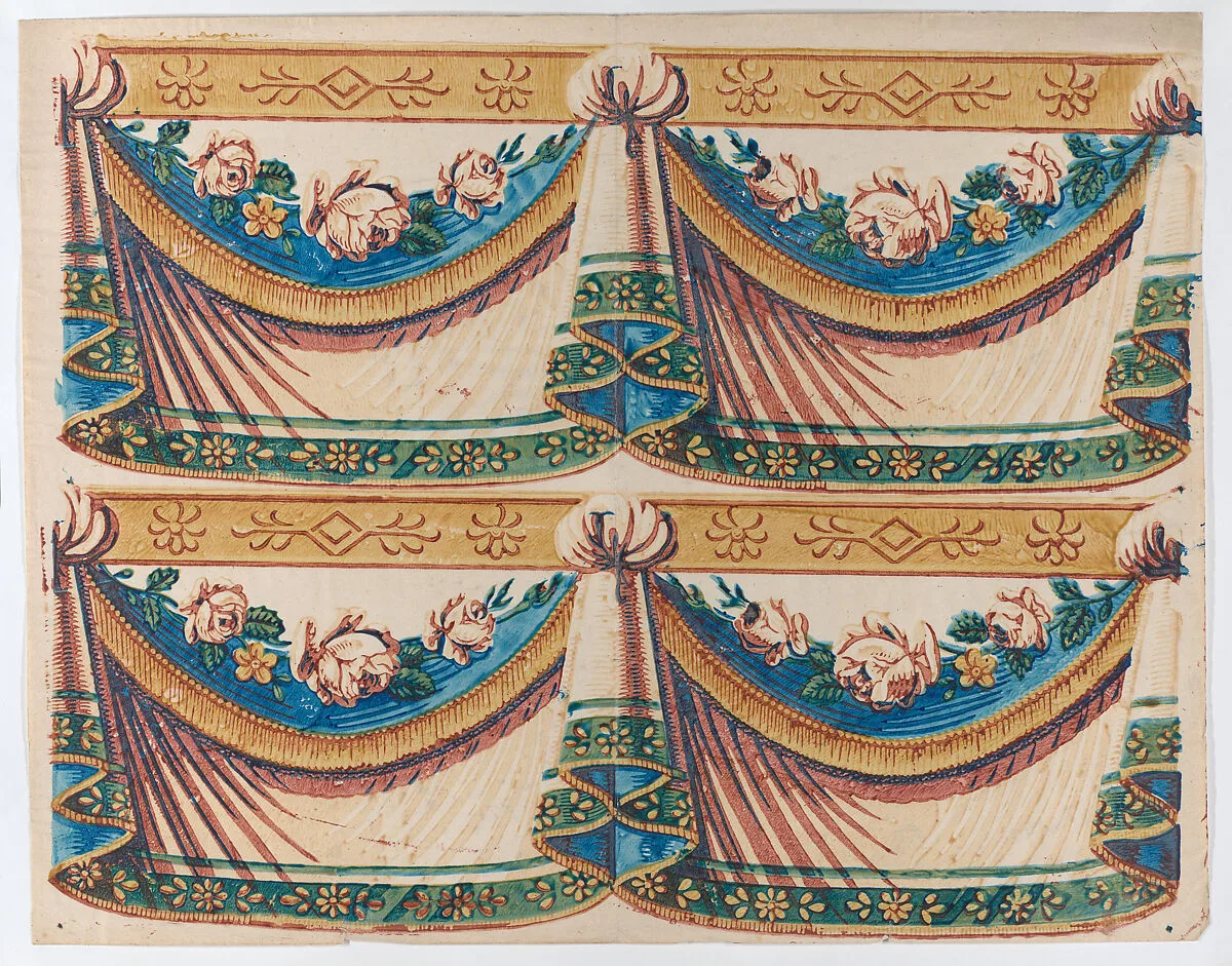 Sheet with two borders with drapery and floral designs — Anonymous|Remondini Family