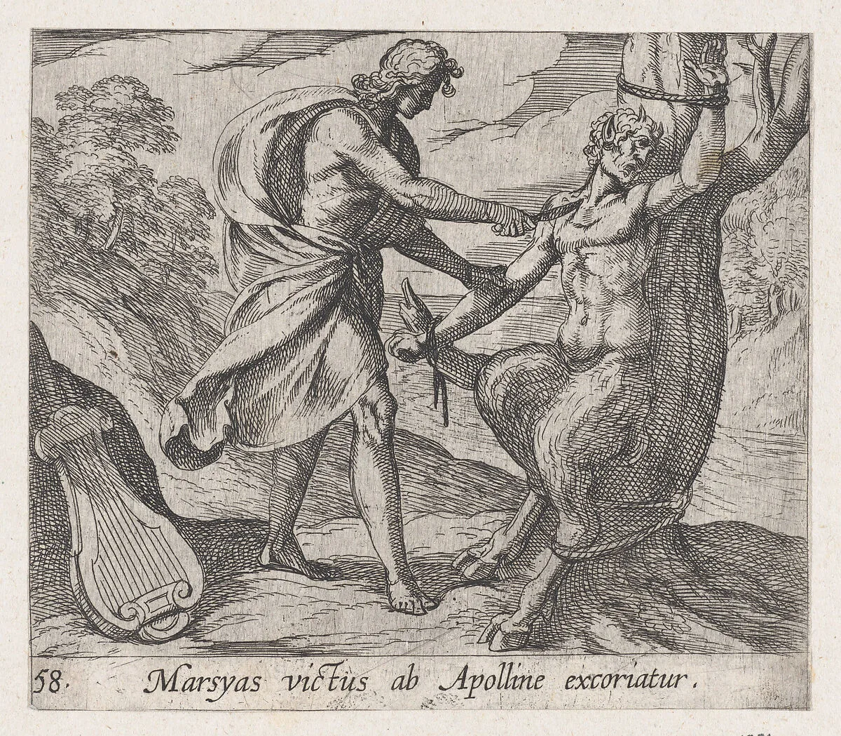 Plate 58: Apollo Killing Marsyas (Marsyas victus ab Apolline excoriatur), from Ovid's 'Metamorphoses' — Antonio Tempesta