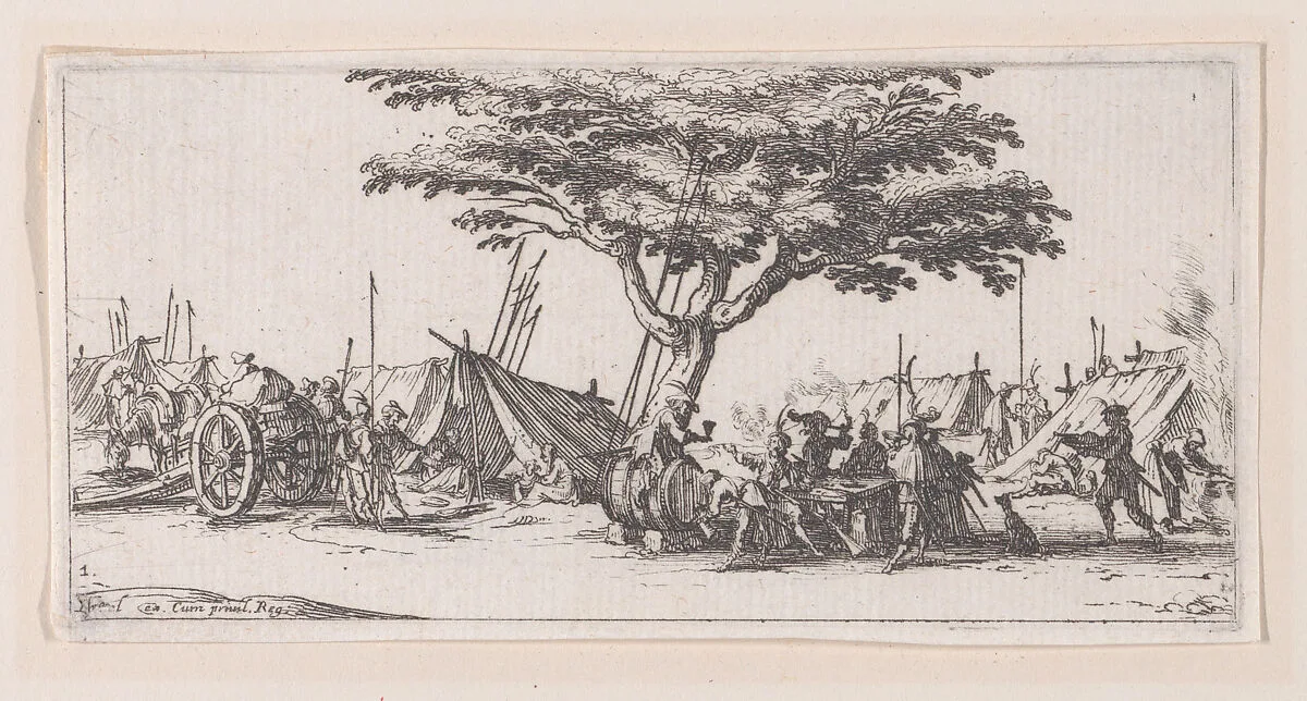 Le Campement (The Camp), from Les Petites Misères de la Guerre (The Little Miseries of War), plate 1 — Israël Henriet|Jacques Callot