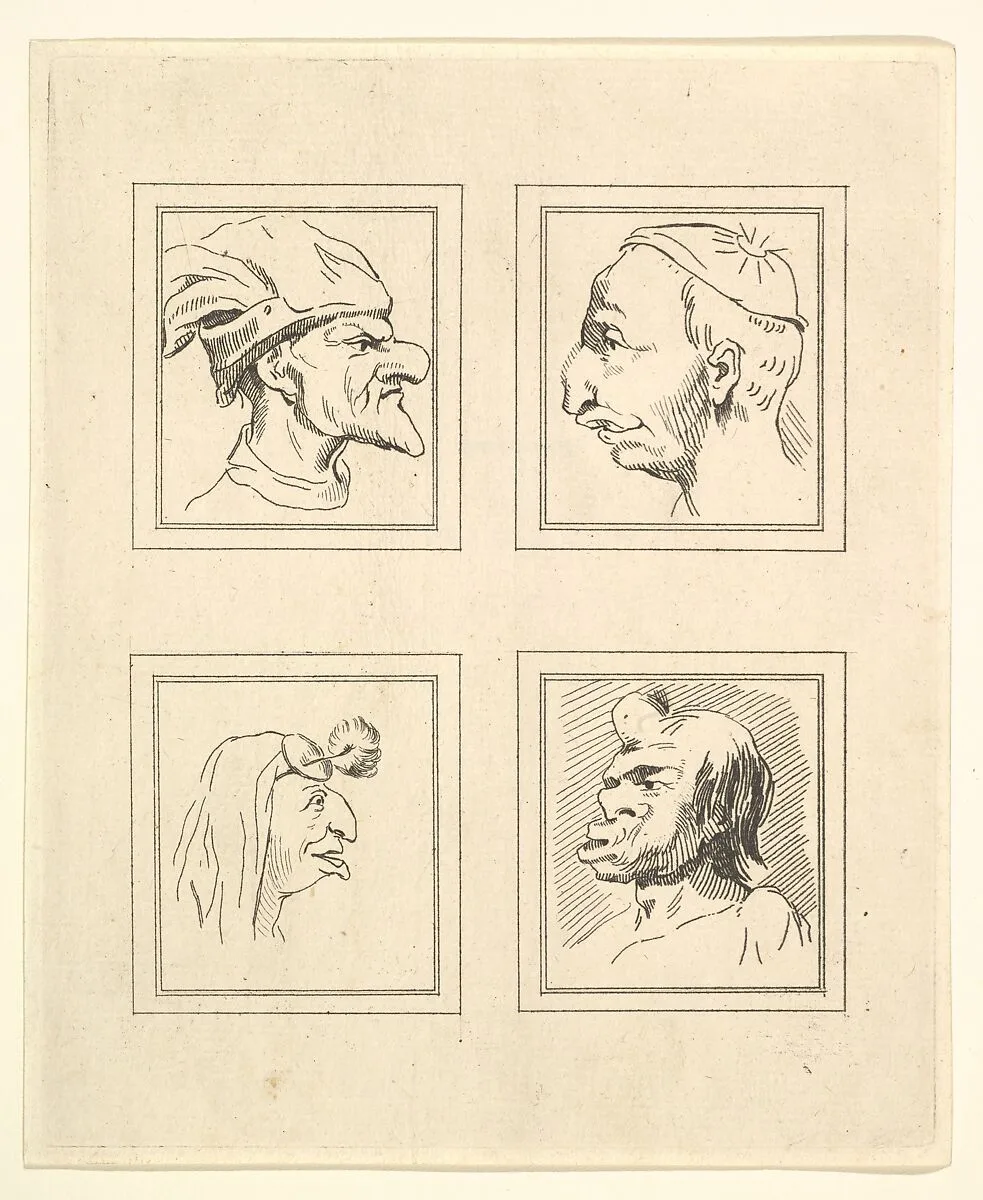 Four Heads (from Characaturas by Leonardo da Vinci, from Drawings by Wincelslaus Hollar, out of the Portland Museum) — Wenceslaus Hollar|John Clarke|Leonardo da Vinci