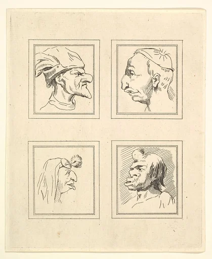 Four Heads (from Characaturas by Leonardo da Vinci, from Drawings by Wincelslaus Hollar, out of the Portland Museum)