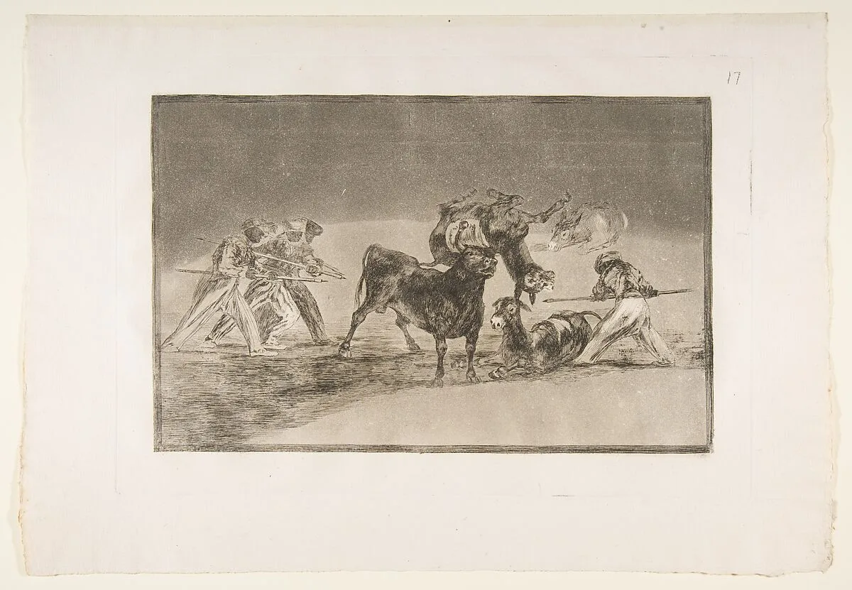 Plate 17 of "La Tauromaquia": The Moors use donkeys as a barrier to defend themselves against the bull whose horns have been tipped with balls — Goya (Francisco de Goya y Lucientes)