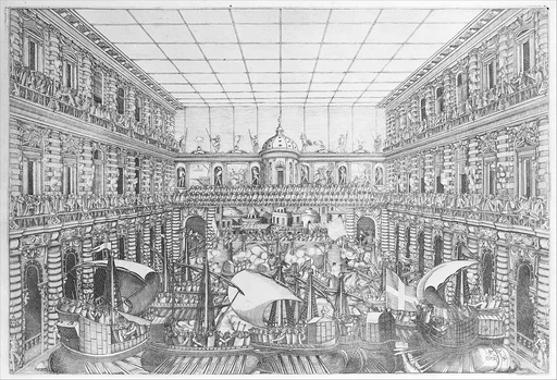 Naumachia in the Court of Palazzo Pitti, from an Album with Plates documenting the Festivities of the 1589 Wedding of Arch Duke Ferdinand I de’ Medici and Christine of Lorraine