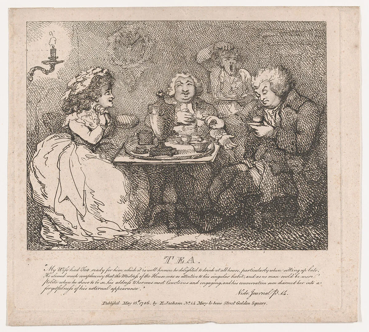 Tea (Picturesque Beauties of Boswell, Part the First) — Alexander Macdonald , 1st Baron Macdonald of Slate|Alexander Boswell, Lord Auchinleck|Samuel Collings|James Boswell|Elizabeth Jackson|Thomas Rowlandson