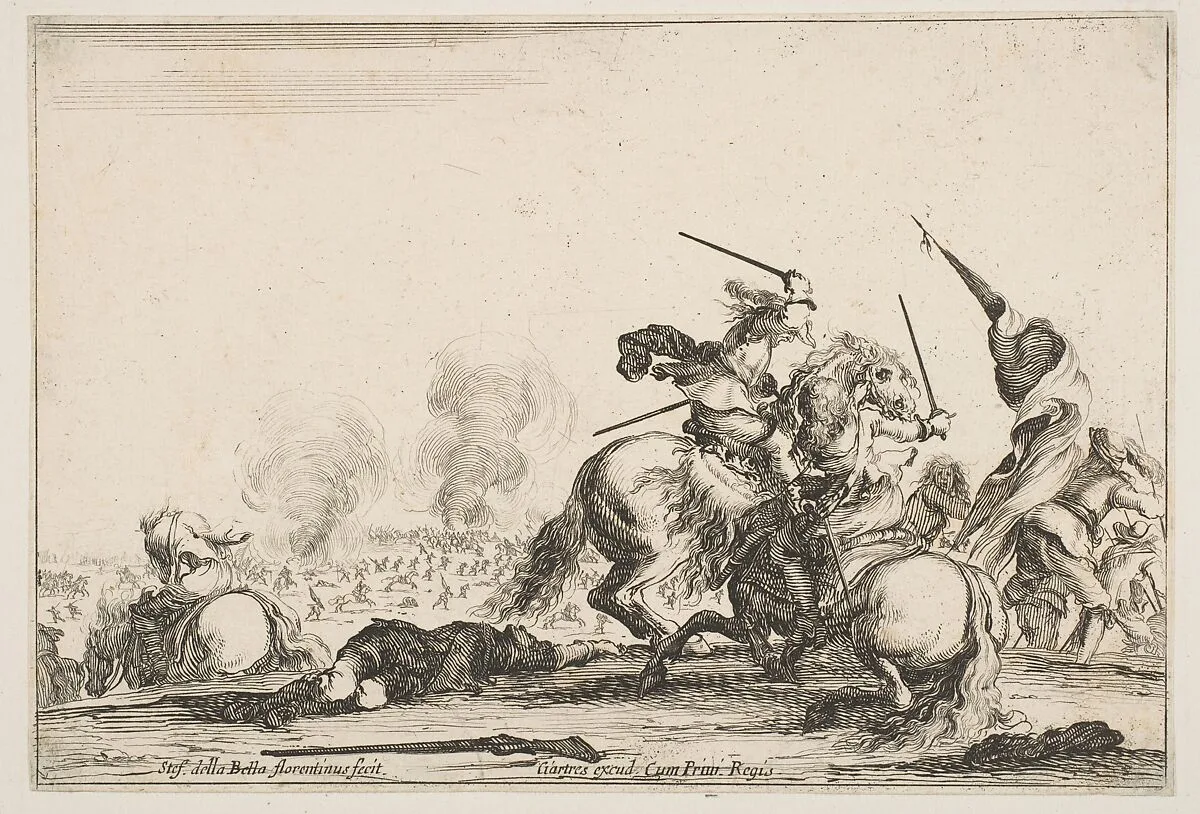 A skirmish, two horsemen battling with swords to the right, men carrying a flag running away towards the right, a dead man on the ground and a horseman seen from behind to the left, from "Varie figure" — Stefano della Bella|François Langlois