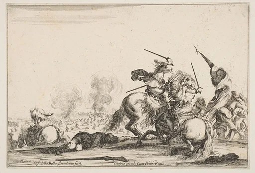 A skirmish, two horsemen battling with swords to the right, men carrying a flag running away towards the right, a dead man on the ground and a horseman seen from behind to the left, from "Varie figure"