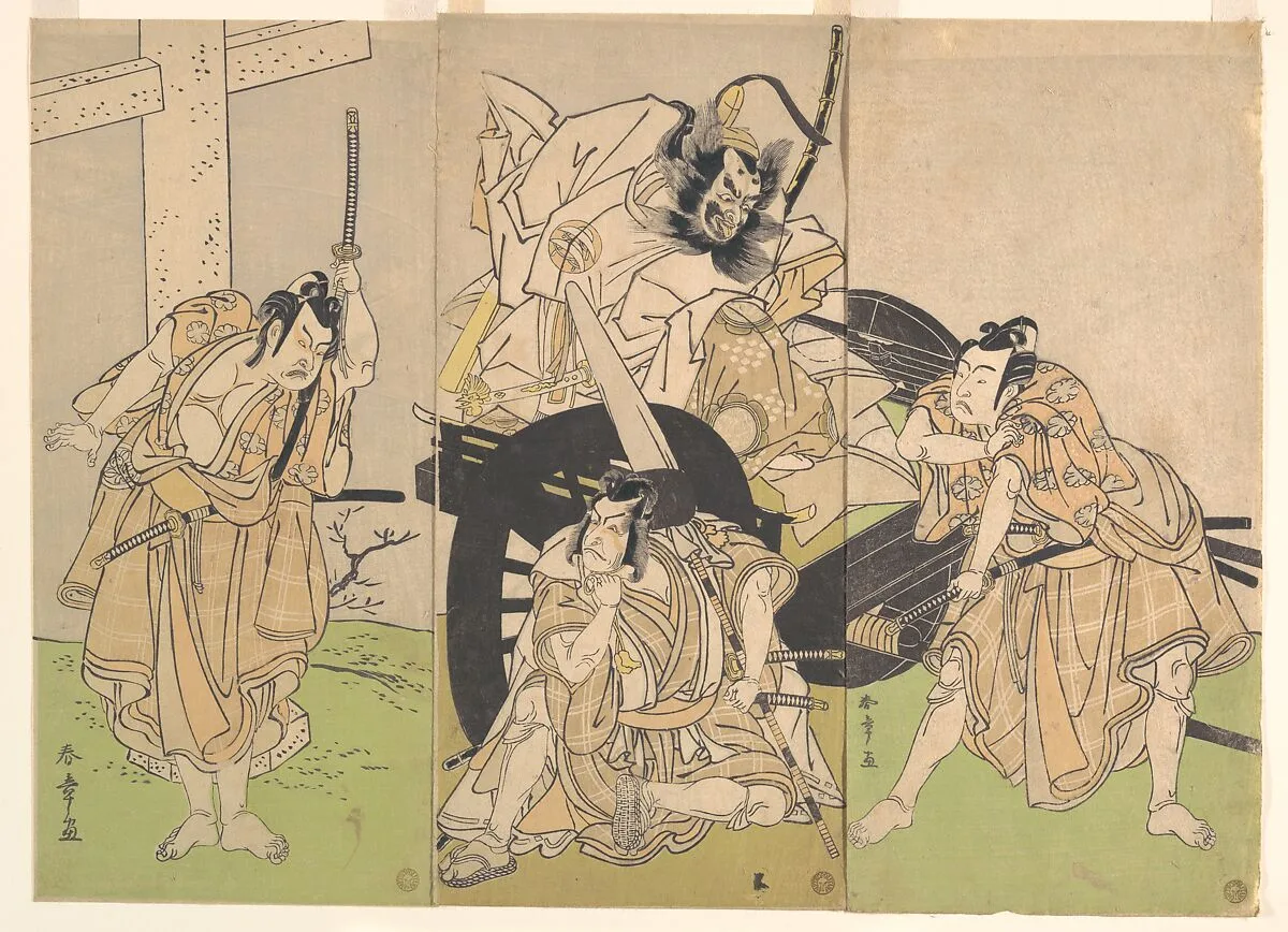 二代目市川八百藏・二代目中島三甫右衛門・三代目市川海老藏・九代目市村羽左衛門|Kabuki Actors Ichikawa Yaozō II, Nakajima Mihoemon II, Ichikawa Ebizō III, and Ichimura Uzaemon IX in the Play Sugawara’s Secrets of Calligraphy (Sugawara denju tenarai kagami) — Katsukawa Shunshō 勝川春章