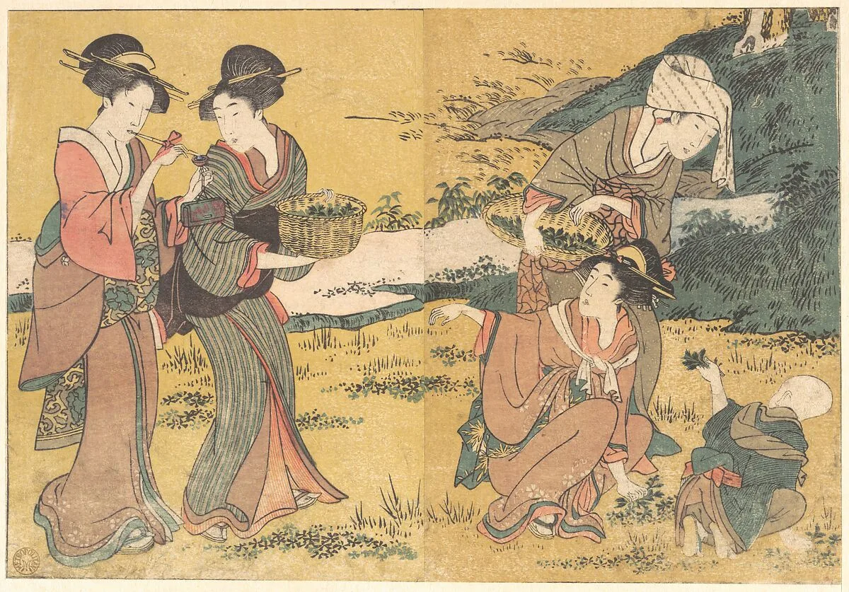 四季の花|Girls Picking Green Leaves, from the illustrated book Flowers of the Four Seasons — Kitagawa Utamaro