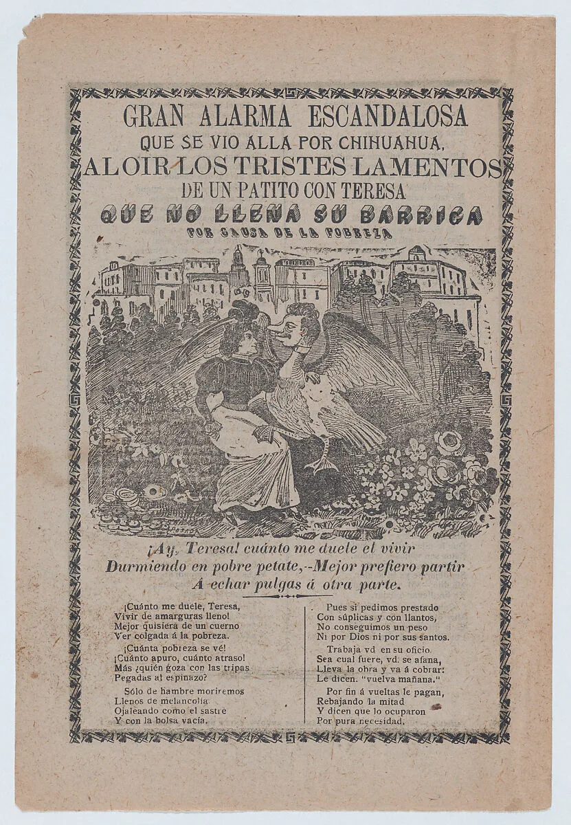 Broadsheet with a ballad addressing poverty, woman sitting in a field of flowers with a duck that has a human's head — José Guadalupe Posada