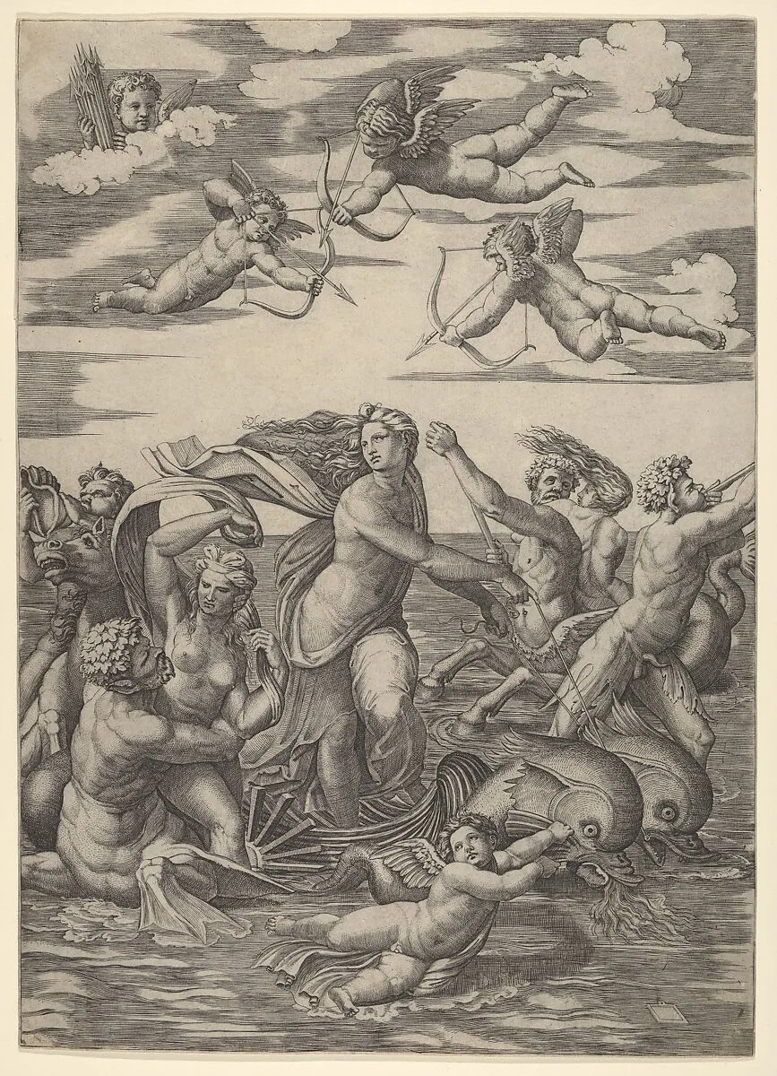 Galatea standing in a water-chariot pulled by two dolphins, surrounded by tritons, nereids, and putti, three of which prepare to shoot arrows from above — Marcantonio Raimondi|Raphael (Raffaello Sanzio or Santi)