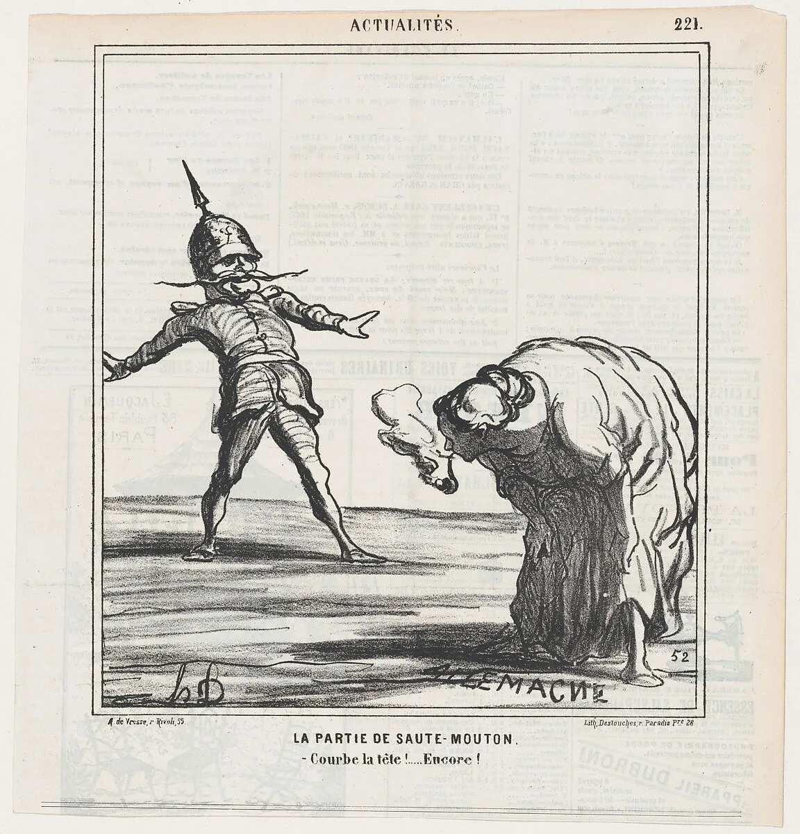 The leapfrog game: Bend your head down! Again!, from 'News of the day,' published in Le Charivari, October 20, 1868 — Destouches|Honoré Daumier|Arnaud de Vresse