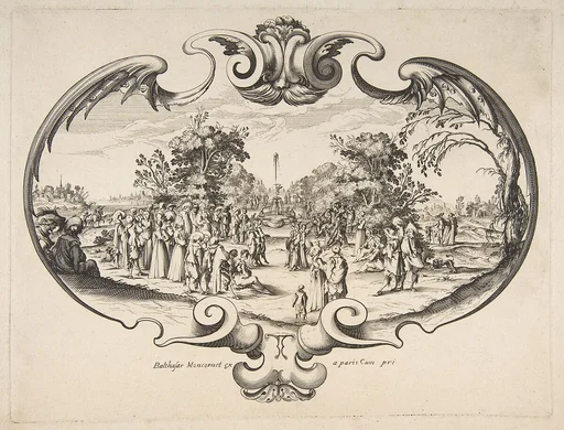 Fan with figures in a garden
