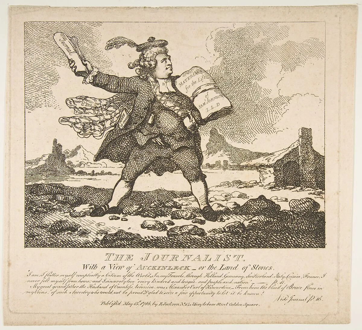 The Journalist, With a View of Auckinleck–or the Land of Stones (Picturesque Beauties of Boswell, Part the First) — Thomas Rowlandson|Elizabeth Jackson|Samuel Collings|James Boswell