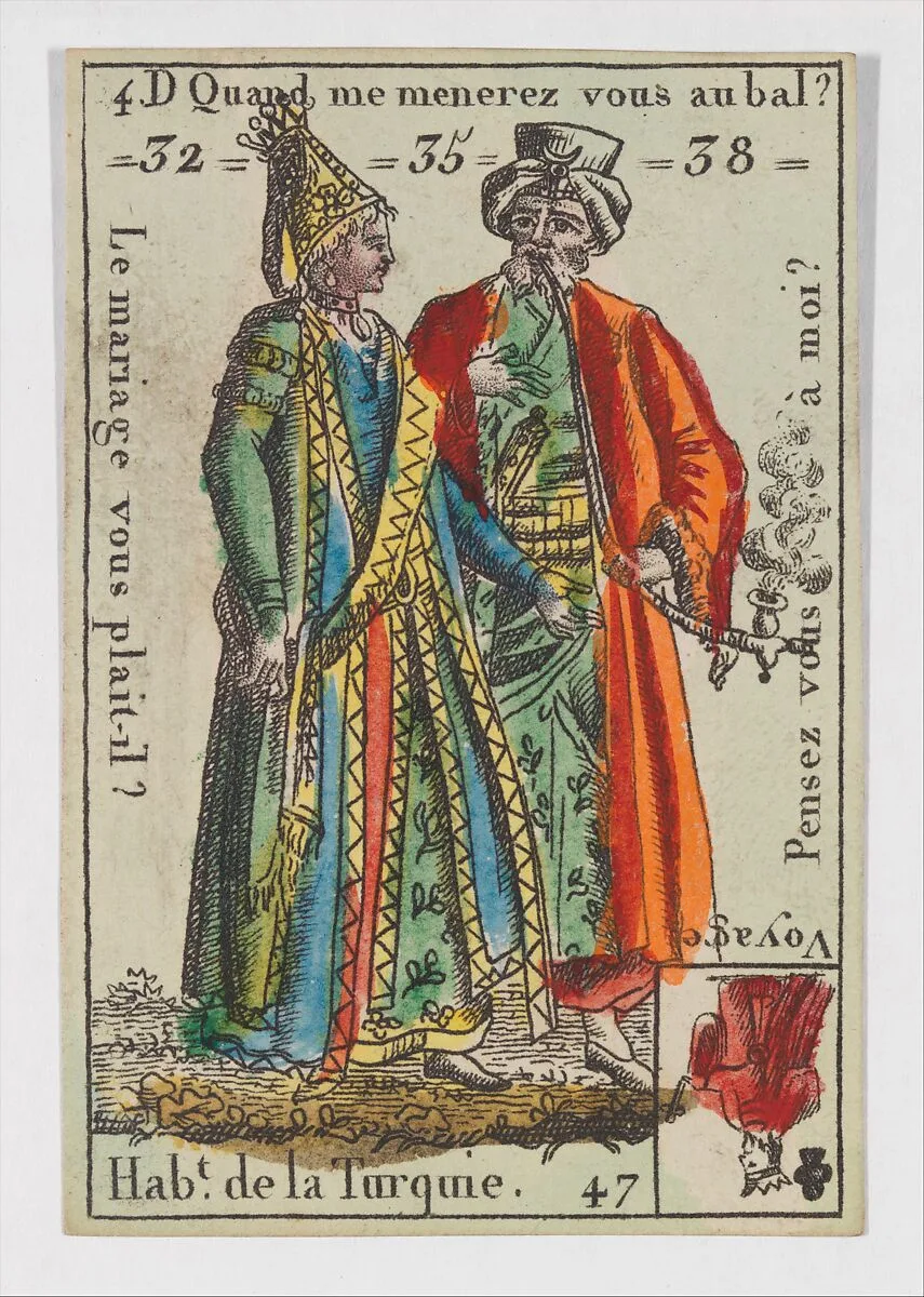 Hab.t de la Turquie, from the playing cards (for quartets) "Costumes des Peuples Étrangers" — Anonymous, French, 18th century