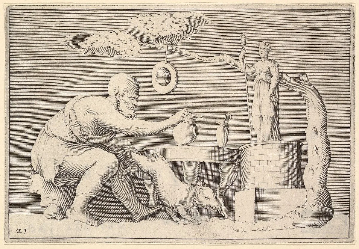 A Faun or Satyr Preparing a Pig for Sacrifice, from "Ex Antiquis Cameorum et Gemmae Delineata/ Liber Secundus/et ab Enea Vico Parmen Incis" — Francesco Angeloni|Battista Franco|Philippe Thomassin|Enea Vico|Anonymous, Italian, 16th century