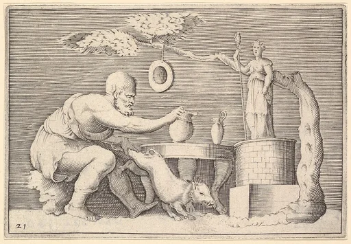A Faun or Satyr Preparing a Pig for Sacrifice, from "Ex Antiquis Cameorum et Gemmae Delineata/ Liber Secundus/et ab Enea Vico Parmen Incis"