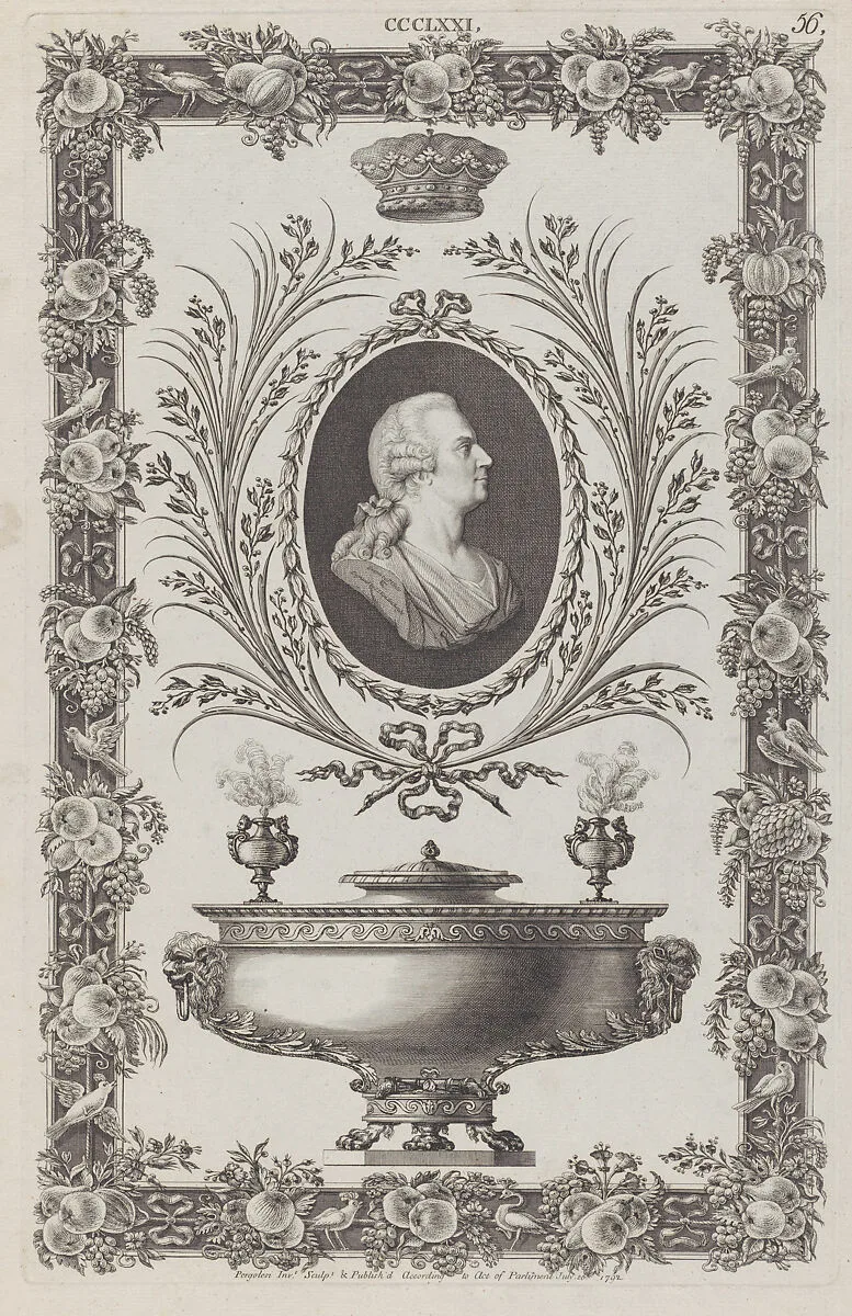 Portrait of the Duke of Northumberland, Vase and Ornamental Frame, no. CCCLXXI, plate 56 from "Designs for Various Ornaments" — Michelangelo Pergolesi|Pierre Nöel Violet|Ignatius Joseph van den Berghe|Hugh Percy, 1st Duke of Northumberland
