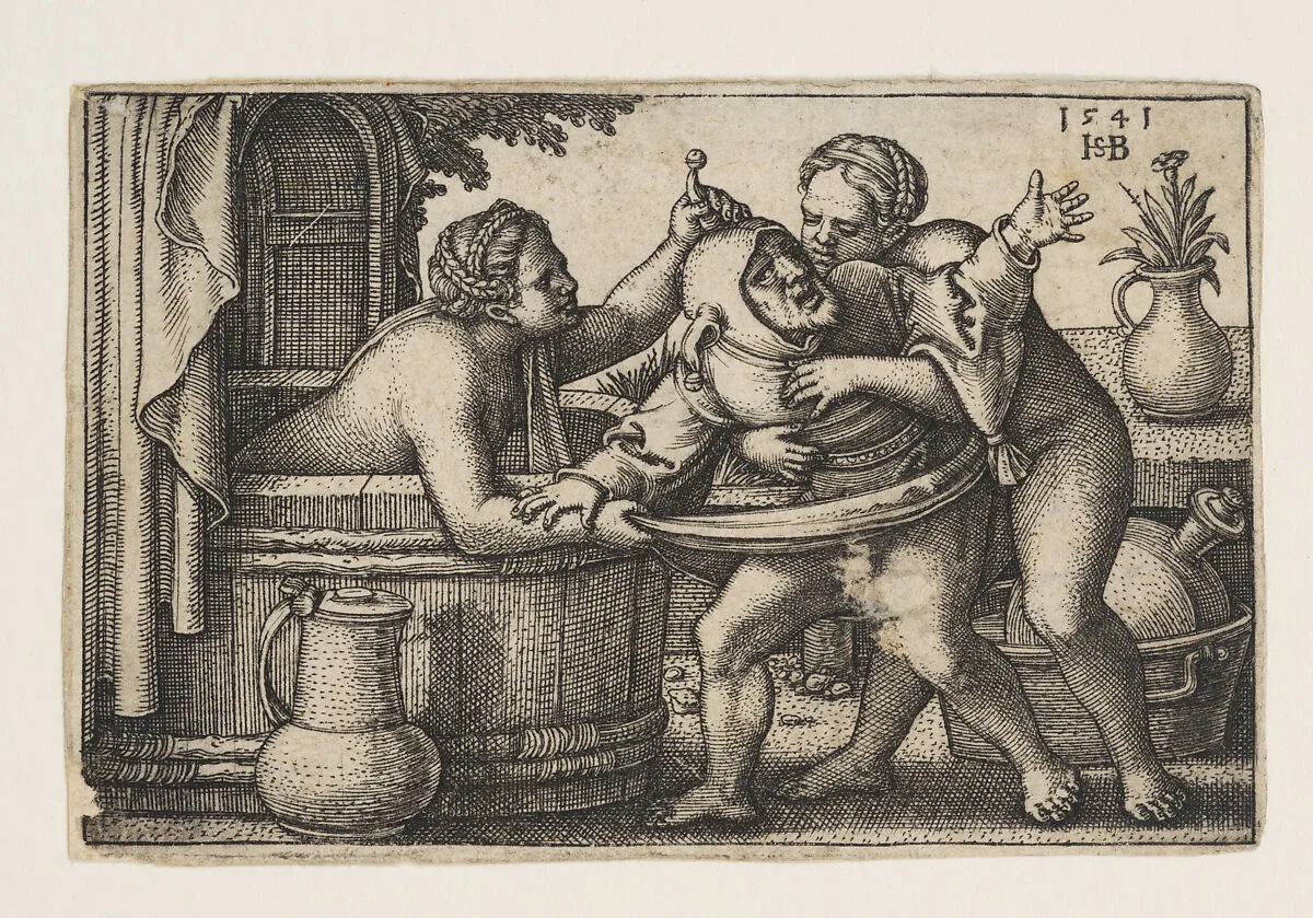 Buffoon and the Two Bathing Women — Sebald Beham