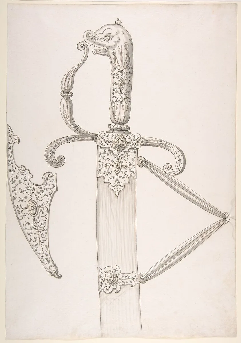 Drawing of Design for Sword Hilt and Tip of Scabbard (Dolphin-Head Grip) — Unknown
