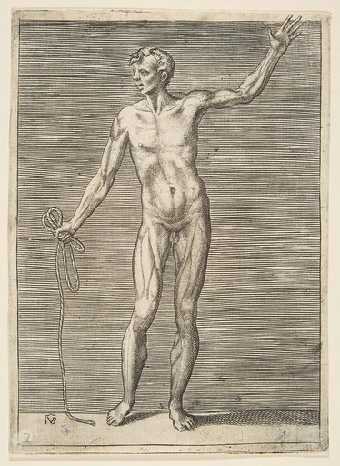 Man seen from the Front, holding a Rope in his right Hand