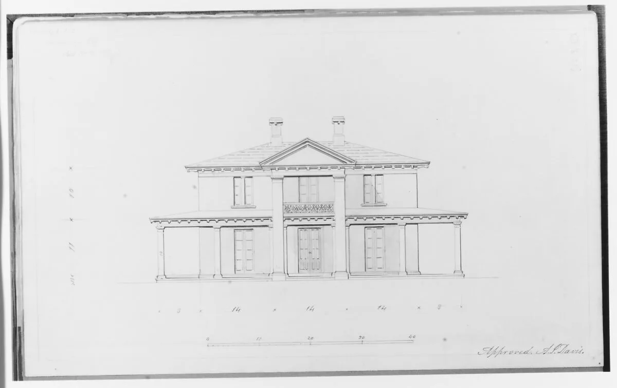 Chamberlin House, Red Hook, Brooklyn, New York (elevation entrance facade) — Alexander Jackson Davis