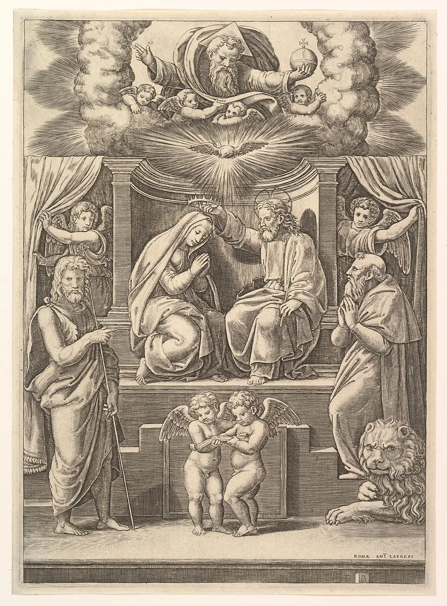 The coronation of the Virgin, God the Father above, St Jerome lower right and St John the Baptist lower left — Master of the Die|Raphael (Raffaello Sanzio or Santi)|Antonio Lafreri
