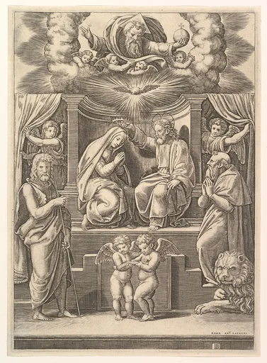 The coronation of the Virgin, God the Father above, St Jerome lower right and St John the Baptist lower left
