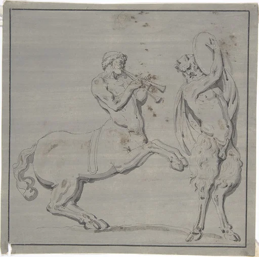 Bacchic Scene of Centaur Playing Horns and Satyr with Drum