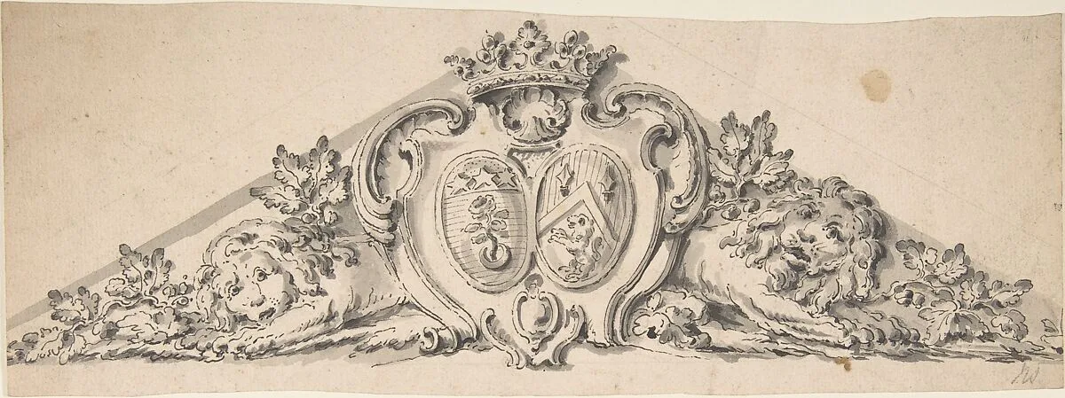 Design for Pediment with Two Heraldic Crests, Lions and a Crown — Anonymous, French, 18th century|Jean Charles Delafosse