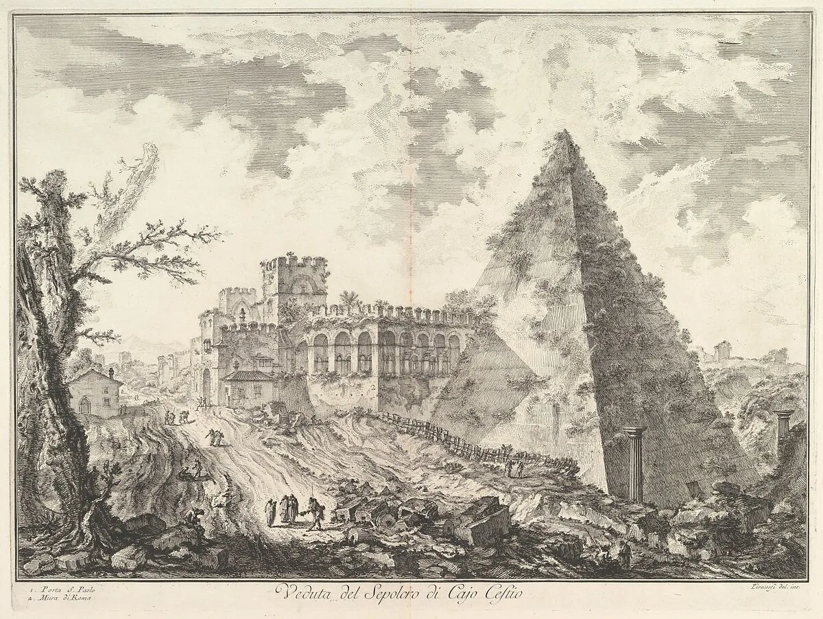 The Pyramid of Caius Cestius, with the Porta S. Paolo and adjoining road (Veduta del Sepolcro di Cajo Cestio), from "Vedute di Roma" — Giovanni Battista Piranesi
