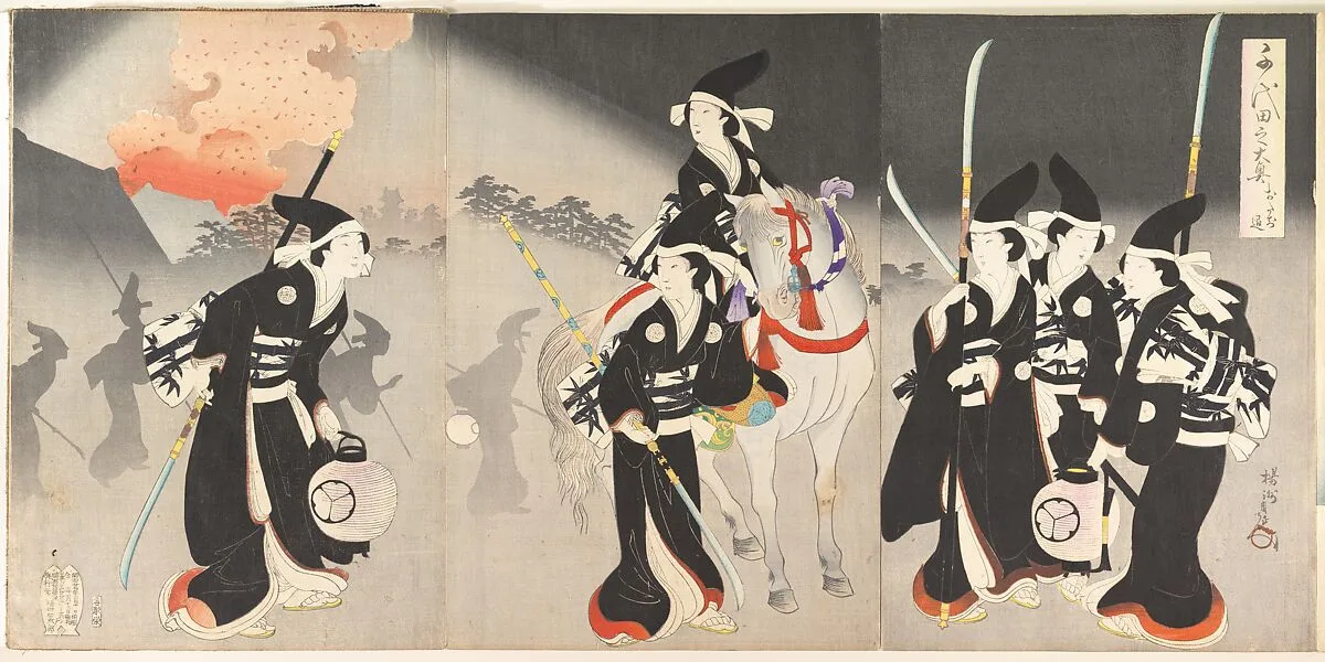 楊洲周延画 「千代田之大奥 おたち退」|“Evacuation of the Ladies,” from the series The Inner Precincts of Chiyoda Castle (Chiyoda no Ōoku, Otachinoki) — Yōshū (Hashimoto) Chikanobu
