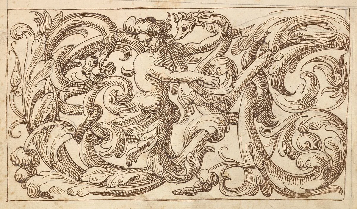 Horizontal Panel Design with a Man and Two Fantastical Creatures Interspersed between an Acanthus Rinceau — Polifilo Giancarli|Anonymous, Italian, Venetian, 17th century