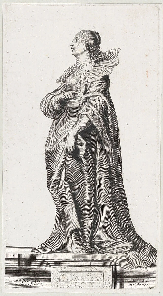 A woman standing on a pedestal, wearing a fur-trimmed coat and ruff — Gillis Hendricx|Peter Paul Rubens|Peeter Clouwet
