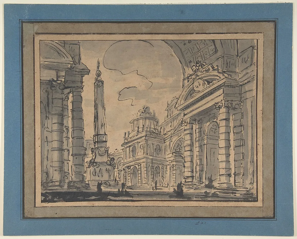 An Architectural Capriccio; a View Through a Great Arch with an Obelisk in a Piazza in the Middle Distance — Charles Michel Ange Challe