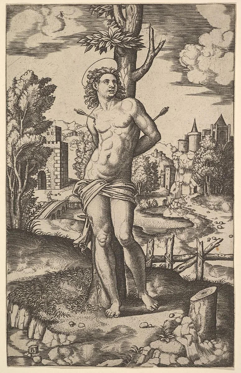 Saint Sebastian tied to a tree and pierced with arrows — Master of the Die