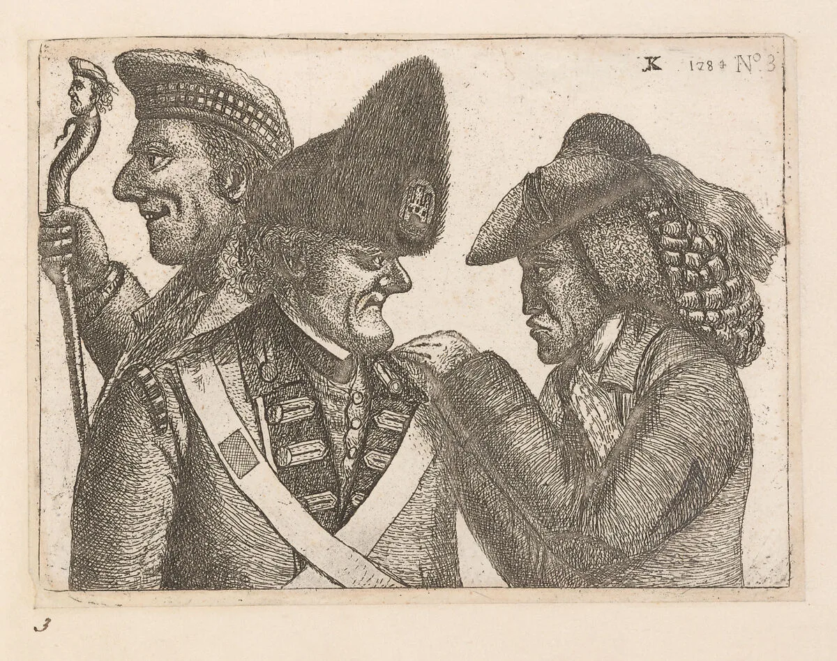 The Daft Highland Laird (James Robertson), John Dhu (a member of the Town Guard), and Jamie Duff (an Idiot) — John Kay
