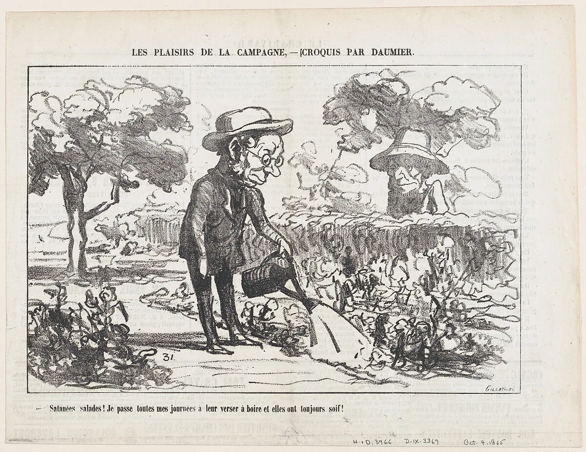 Wretched lettuce... I am spending entire days watering it and it is still thirsty, from 'The joys of country life,' published in Le Charivari, October 4, 1865 — Honoré Daumier
