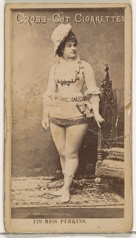 Card Number 129, Miss Carrie Perkins, from the Actors and Actresses series (N145-2) issued by Duke Sons & Co. to promote Cross Cut Cigarettes — W. Duke, Sons & Co.