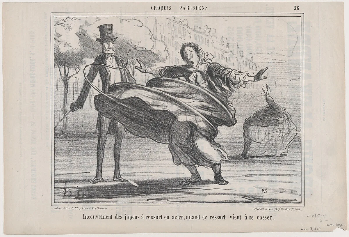Inconvénient des jupons à ressort en acier, quand ce ressort vient à se casser, from Croquis Parisiens, published in Le Charivari, August 18, 1857 — Aaron Martinet|Honoré Daumier|Destouches