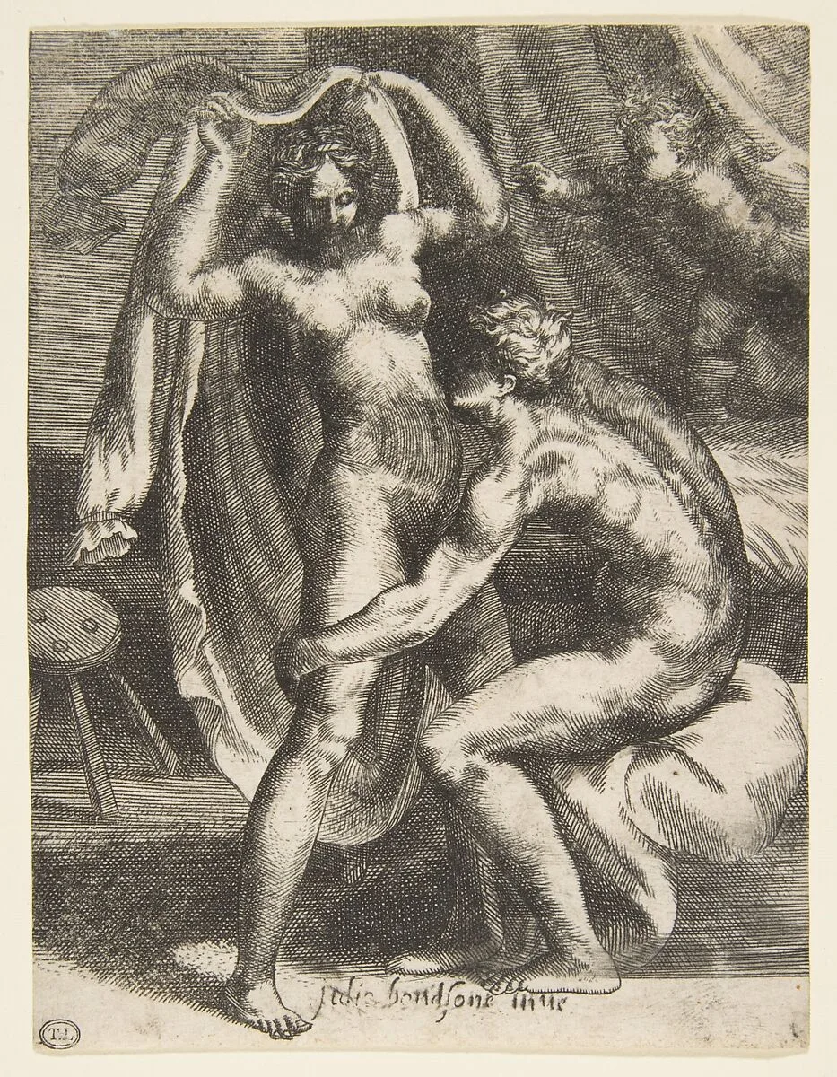 Two lovers, a man pulling a woman toward a bed, from "The Loves of the Gods" — Giulio Bonasone