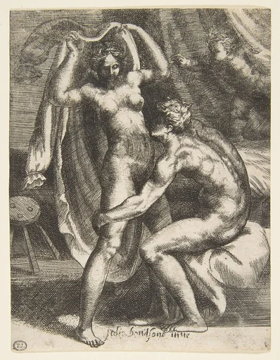 Two lovers, a man pulling a woman toward a bed, from "The Loves of the Gods"