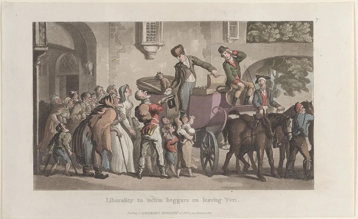 Liberality to infirm beggars on leaving Yrvi, from "Journal of Sentimental Travels in the Southern Provinces of France, Shortly Before the Revolution" — William Combe|Rudolph Ackermann, London|J. Diggens|Thomas Rowlandson