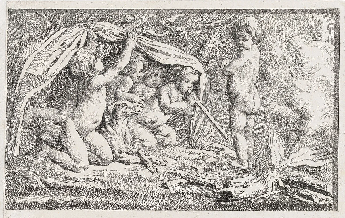 Nude children and a dog warming themselves by a fire; an allegory of Winter, after a bas-relief on the Fontaine des Quatre-Saisons (Paris) — Anonymous|Edme Bouchardon