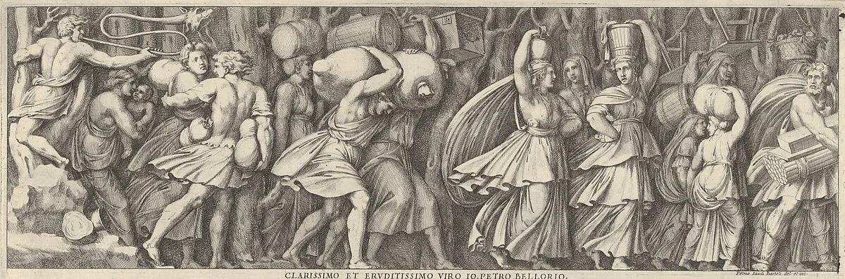 Plate 1: A procession figures walking to the right carrying various objects — Pietro Santi Bartoli|Polidoro da Caravaggio|Giovanni Giacomo De Rossi