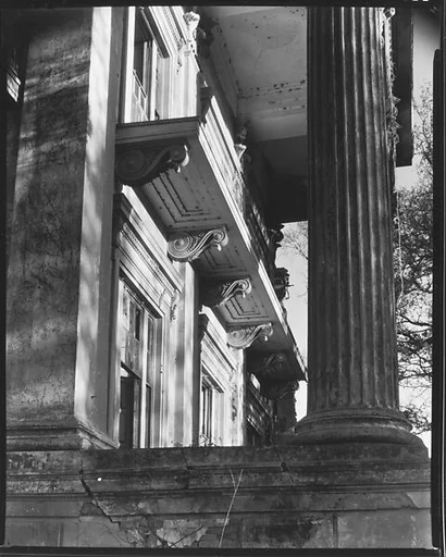 [Oblique View of Bracketwork on Belle Grove Façade Through Columns, White Castle, Louisiana]