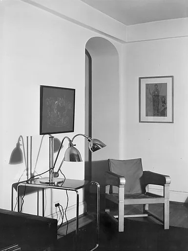 [Interior of Cary Ross' Apartment Showing Modernist Lamps on Table, New York City]