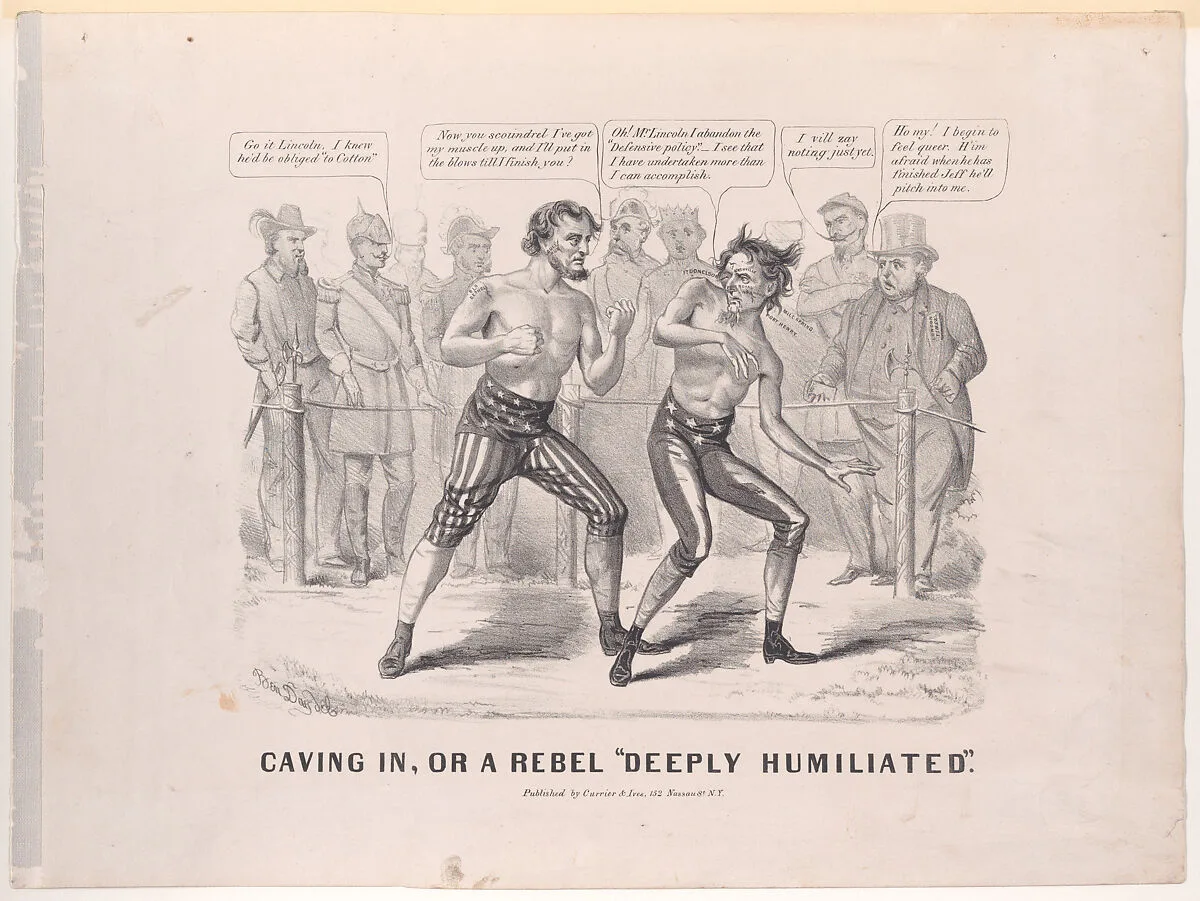 Caving In, or a Rebel "Deeply Humiliated" — Currier & Ives|Jefferson Davis|Abraham Lincoln|Benjamin Henry Day Jr.