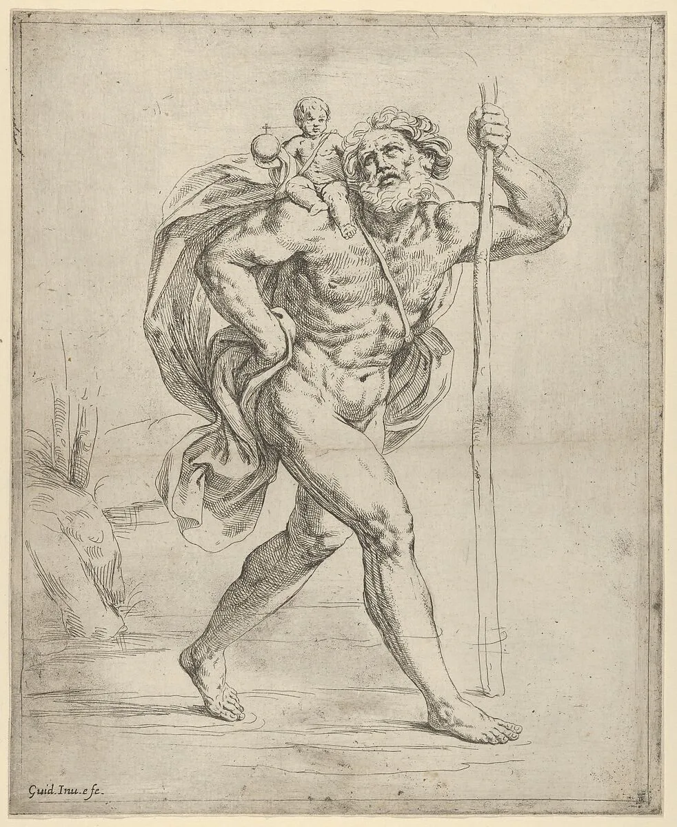 Saint Christopher walking with the infant Christ on his right shoulder — Guido Reni